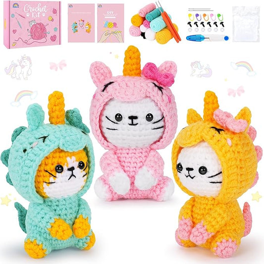Crochet Kit for Beginners - 3 PCS Unicorn Cat Crochet Kits with Step-by-Step Video Tutorials, Beginner Crochet Kit for Adults Kid, Crochet Animal Kit for Starters, Cat Dressed as Unicorn Set