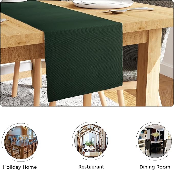 Encasa XO Table Runner, Yarn Dyed Ribbed Cotton 13"x98" | Dark Green, 12-Ply - Image 4