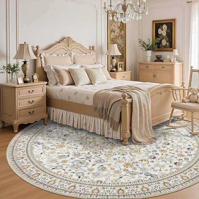 Round Area Rug for Living Room: 8 ft Washable Vintage Boho Soft Thin Circle Rug - Image 4
