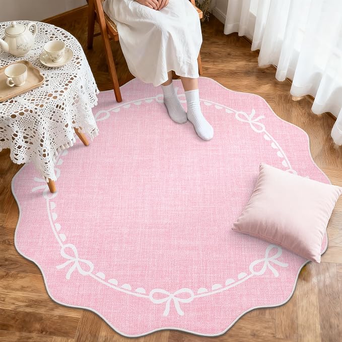 GarveeHome Scalloped Bow Rug for Living Room, 5ft Round Rugs Washable Solid - Image 3