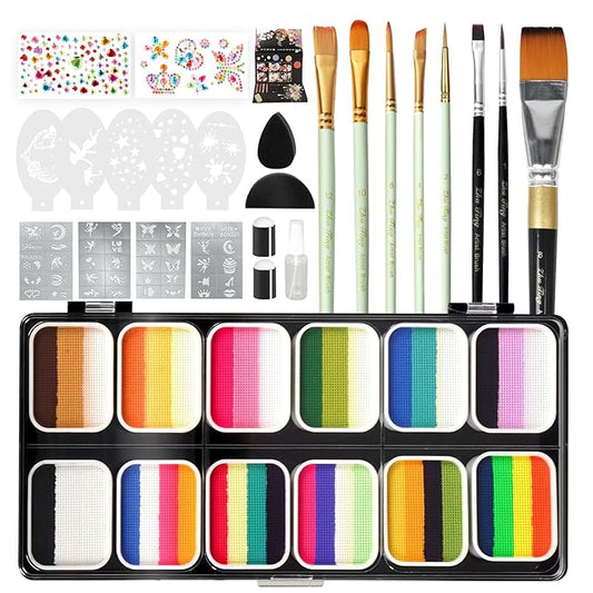 Pintada 120g Large Capacity Face Painting Kit for Kids - 12 x 10g Non Toxic Water Activated Face Paint Palette with Brush, Stencils, Gems, Sponges. For Halloween , Carnival, Party, Festivals & Events.