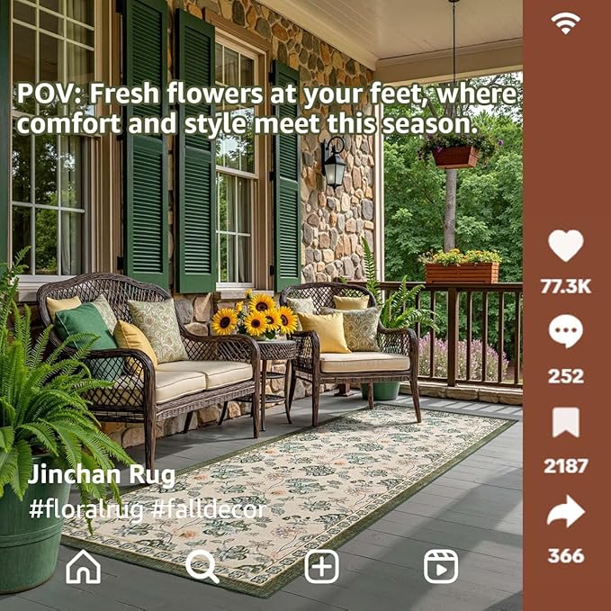 jinchan 3x10 Floral Runner Rug for Hallway Washable Kitchen Runner Vintage Romance Design Non Slip Thin Indoor Floor Cover Low-Profile Throw Carpet for Entryway Bathroom Bedroom Porch, Green/Beige