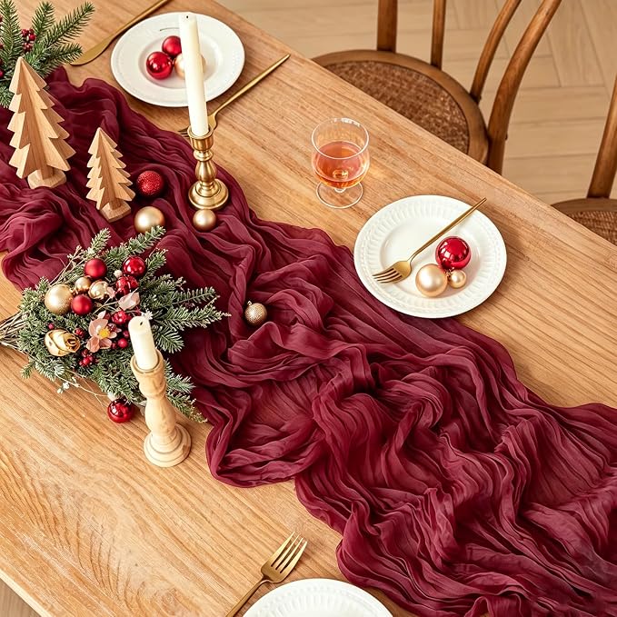 Burgundy Table Runner, 10FT Boho Rustic Burgundy Maroon Table Runner 120inch - Image 2