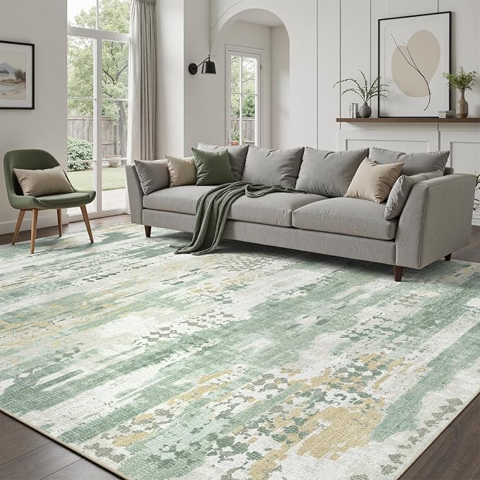 DCX Abstract Area Rug 9x12, Washable Sage Green Modern Rug by DCXWashableRug