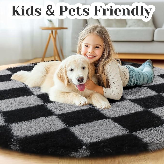 KICMOR Round Rugs 5ft Black and Grey Circle Area Rug, Fluffy Soft Fuzzy Shag - Image 4