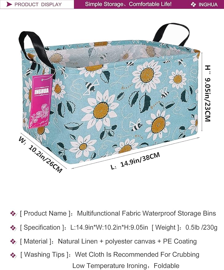 Rectangular Storage Basket Fabric Organizer Bin for Toys,Books,Clothes,Gifts,Pets-Perfect for Home,Office,Nursery,Dorm,Shelf(Rec Sunflower)