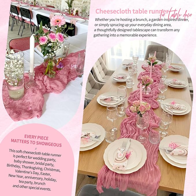 Showgeous 2 Pack Dusty Rose Cheesecloth Table Runners Boho Wedding Decor | - Image 8