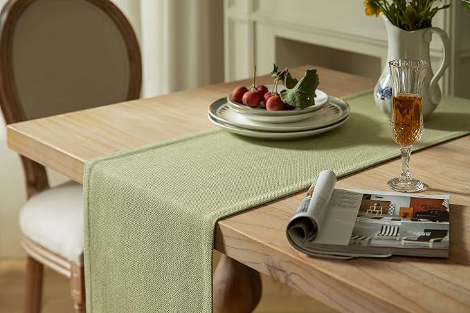 Burlap Style Farmhouse Table Runner, 14x36 Inches Light Sage Green | Thick - Image 4
