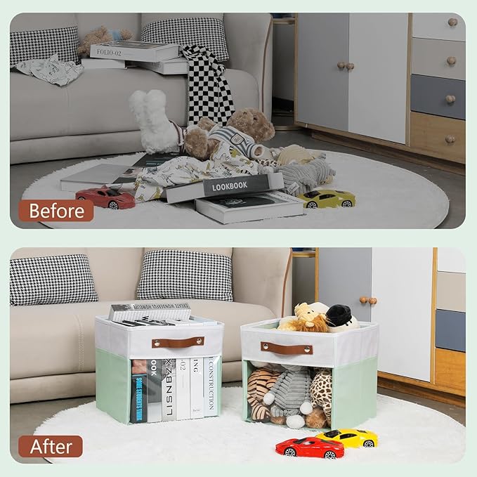 HNZIGE Clear Storage Cubes Bins 11 x 11, Fabric Storage Cube Bins for Storage Organizer,Shelf Storage Bin for Organizing, Cubby Foldable Cube Organizer Bin for Storage Blanket Home(White Green 6PCS)