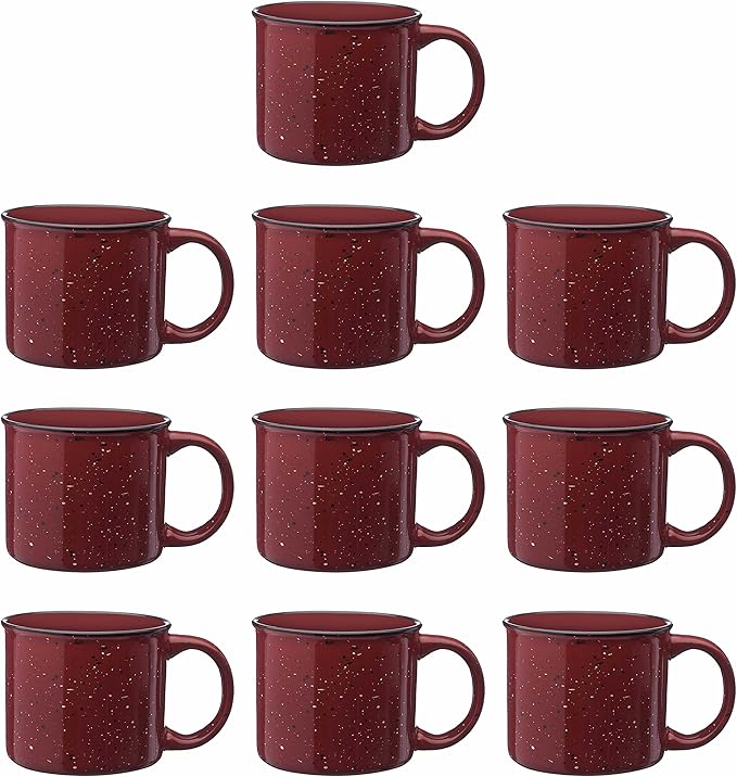DISCOUNT PROMOS Ceramic Campfire Coffee Mugs 13 oz. Set of 10, Bulk Pack - Perfect for Tea, Espresso, Cappuccino, Hot Cocoa - Maroon
