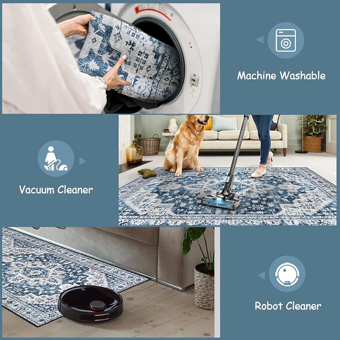 Moynesa Blue Vintage Floral Medallion Runner Rug, Machine Washable, Pet Friendly - Image 3