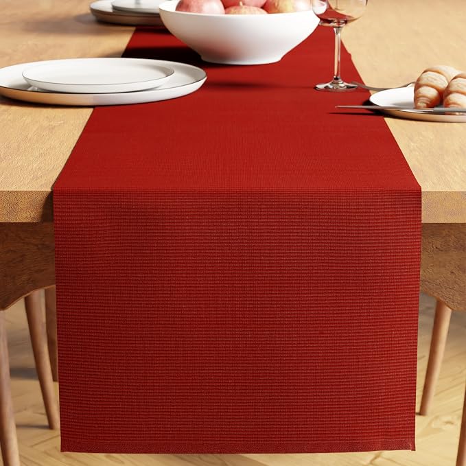 Encasa XO Table Runner, Yarn Dyed Ribbed Cotton 13"x98" | Solid Red, 12-Ply by EncasaXO
