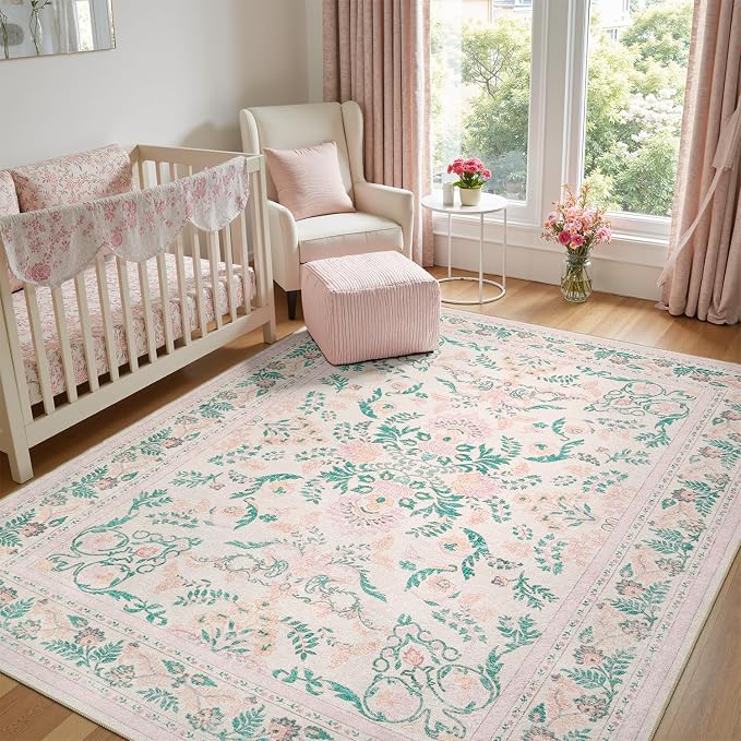 DCX 4x6 Pink Rug, Floral Rug for Girl’s Bedroom, Cute Soft Low Pile Non Slip by DCXWashableRug