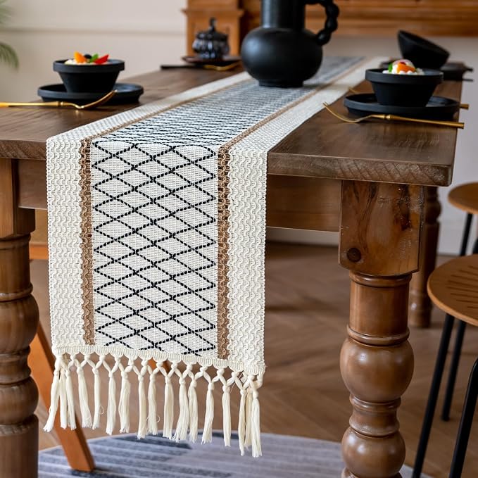 EMMTEEY Macrame Table Runner Boho Style 36 Inches Long, Hexagonal Black | by EMMTEEY