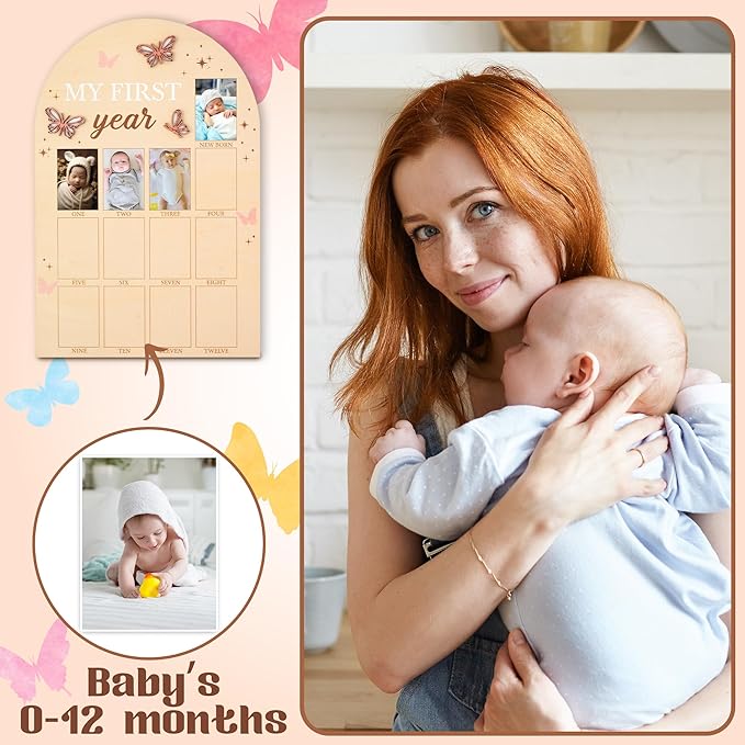 R HORSE My First Year Photo Frame Board, 3D Butterfly Baby First Year Picture Frame 12 Months Milestone Display Wood Board Baby Keepsake 1st Birthday Nursery Decor Gift for Boy Girl