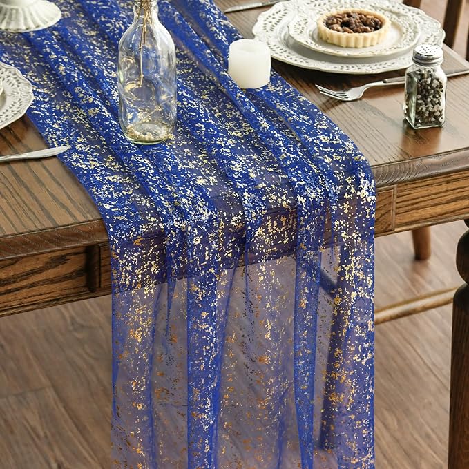 Artoid Mode 3PCS Blue Gold Gauze Table Runner 120 Inch 10FT, Glitter Metallic by ArtoidMode