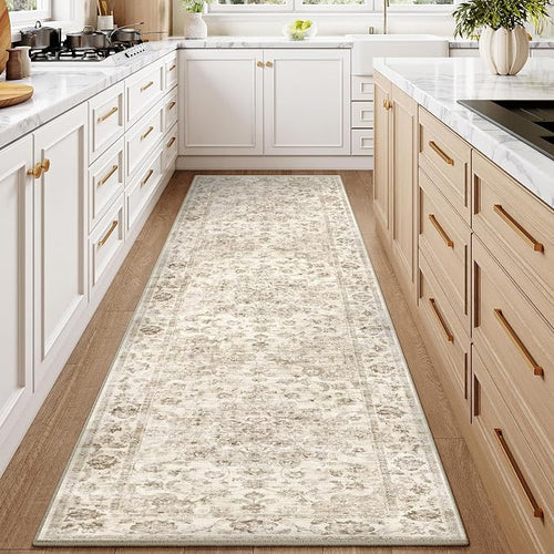 2x10 Washable Neutral Runner Rug Beige Vintage Hallway Kitchen Carpet Non-Slip - Image 2