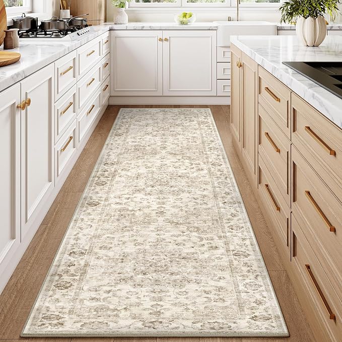 3x12 Washable Neutral Runner Rug Beige Vintage Hallway Kitchen Carpet Non-Slip - Image 2