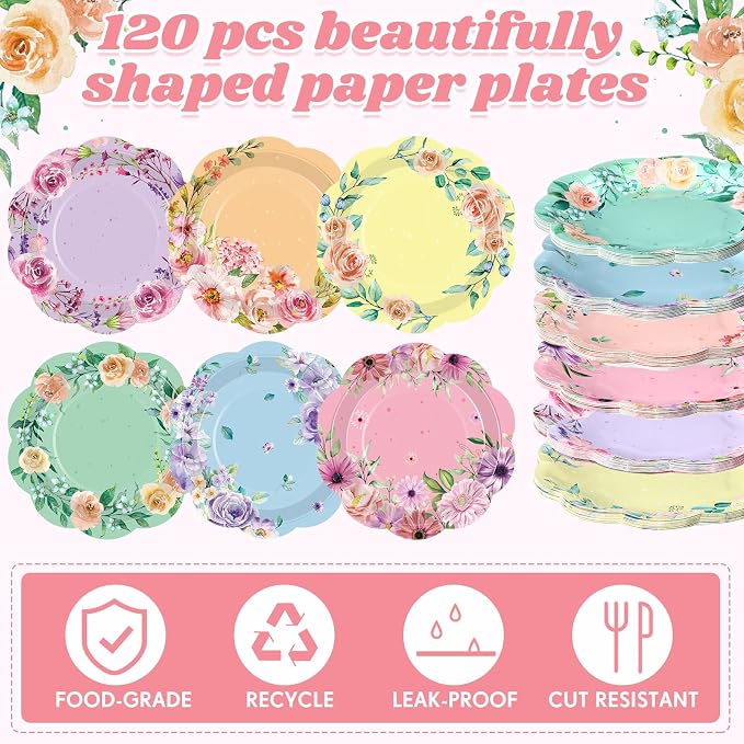 120 Pcs Summer Floral Party Plates 7 Inch Floral Paper Plates, Summer Flower - Image 3
