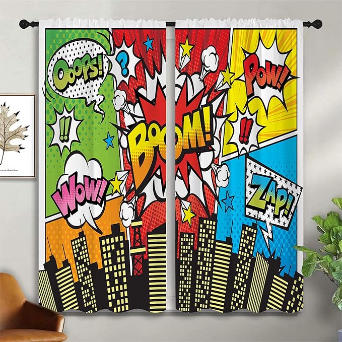 Superhero City Wars Explosion Rod Pocket Blackout Curtains for Boy Girl Bedroom, Colorful Comics Ar Home Energy Efficient Light Filtering Window Curtain for Living Room, 42x63 inch