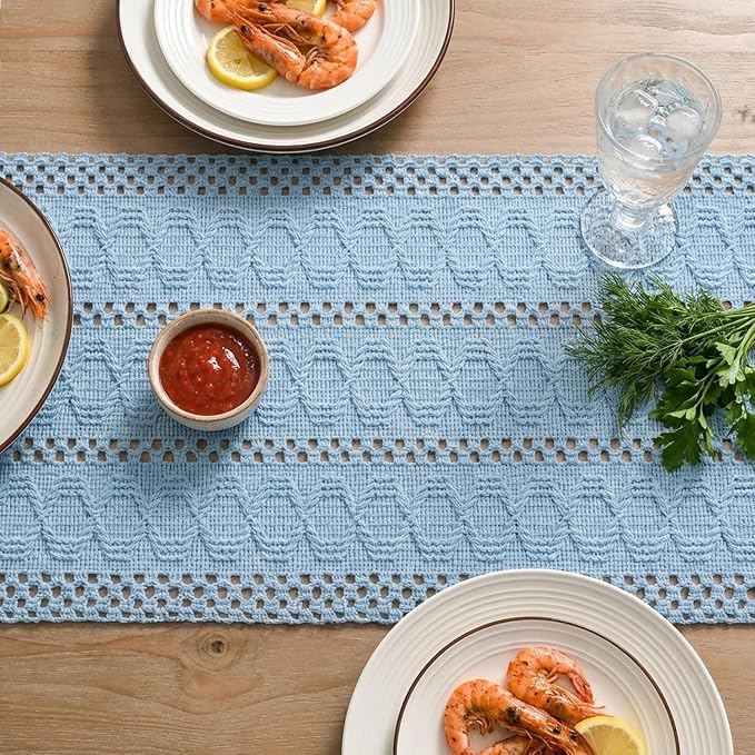 Artoid Mode Sky Blue Woven Farmhouse Hollow Table Runner 12x60 Inch | Holiday - Image 4