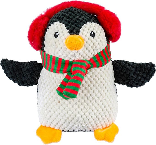 Giftable World Holiday Plush Pet Toy Fun for Christmas Designs with Squeaker Dog Chew Toy (7" Tubby Penguin w/Earmuffs & Squeaker)
