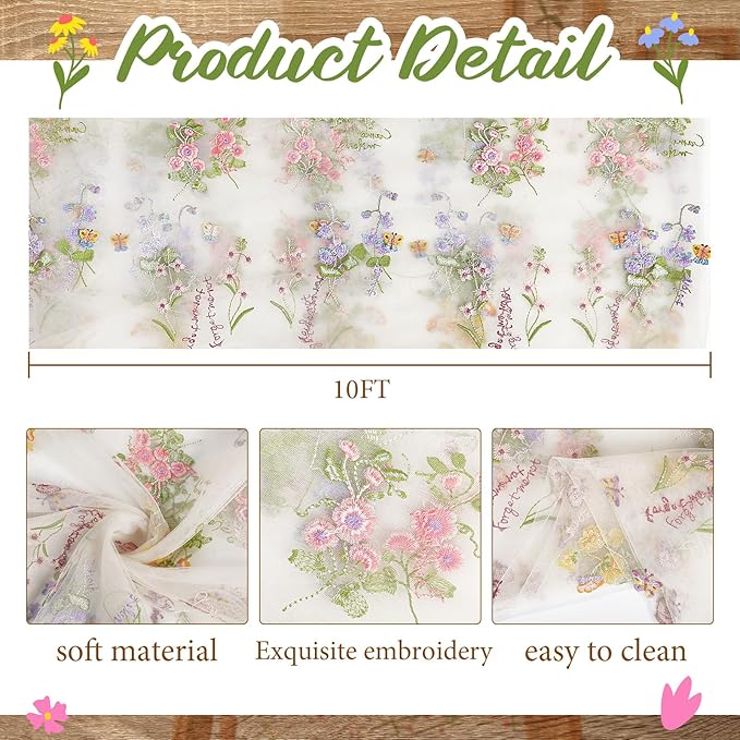 Ivory White Floral Table Runner 10ft Embroidery Tulle Spring Wildflower Table - Image 2