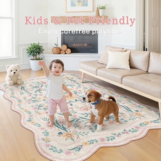 Pink Floral Rug 3X5 for Girls Bedroom or Nursery, Scalloped Washable Non-Slip - Image 3