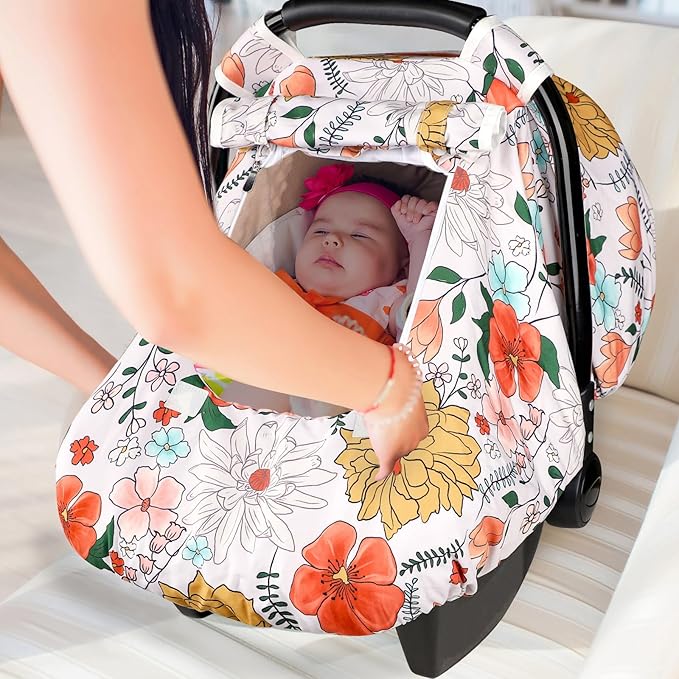 Baby Carseat Cover Girls, Pea Pod Infant Car Seat Covers Canopy for Newborn with 2 Layers Windows of Breathable Mesh/Fabric, Lightweight Polyester/Minky Dot Backing, Snug Fit Most Baby Car Seat