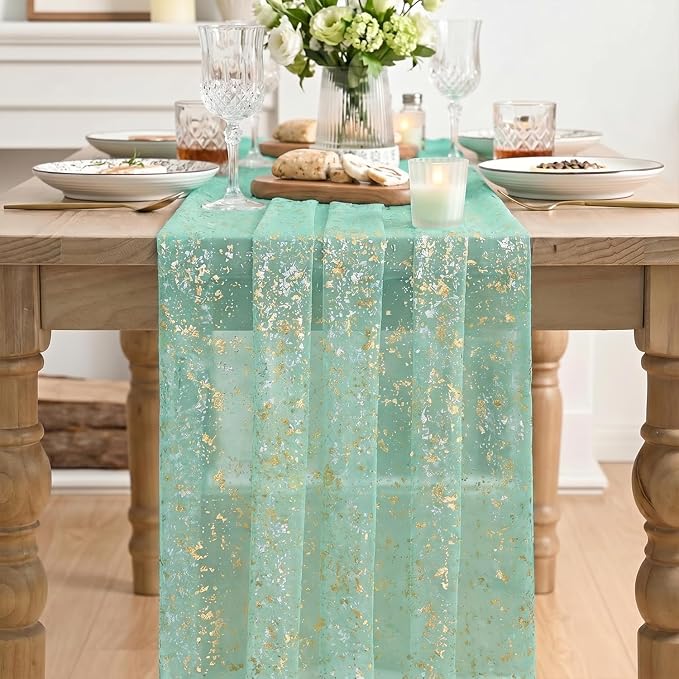 Artoid Mode 10Pcs Turquoise Gauze Gold Table Runner 10FT, Glitter Metallic Foil - Image 2