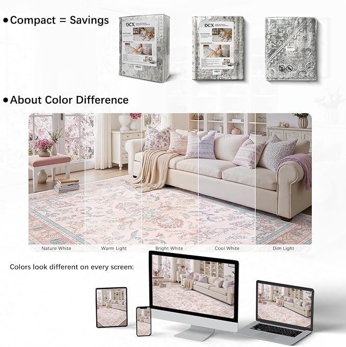 DCX 5x7 Pink Vintage Floral Rug, Machine Washable Non Slip Low Pile Carpet - Image 4