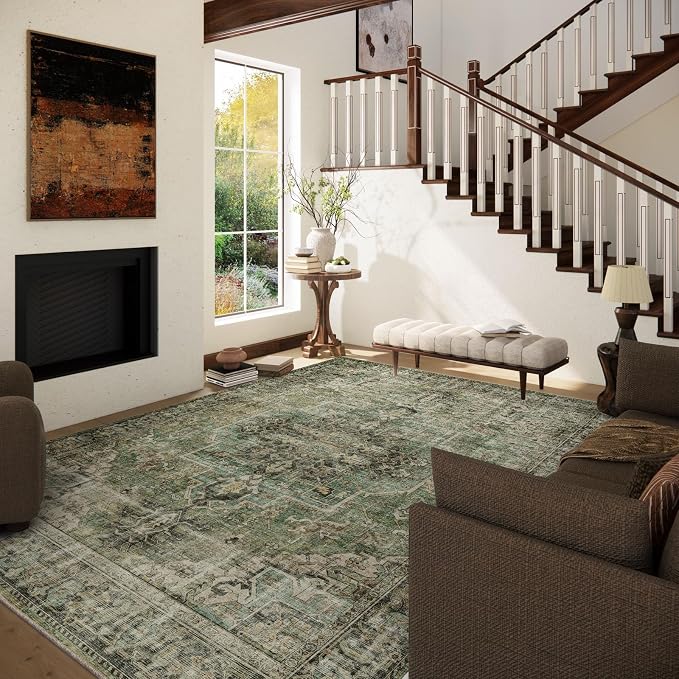 9x12 Area Rugs for Living Room: Washable Bedroom Rug Boho Vintage Rugs Stain - Image 2