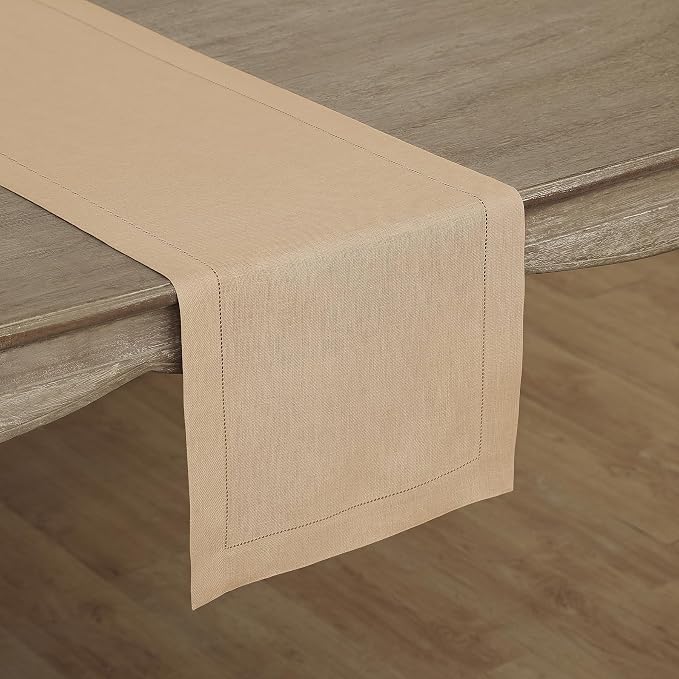 Solino Home 100% Linen Table Runner Beige, Classic Hemstitch 14 x 120 in | by SolinoHome