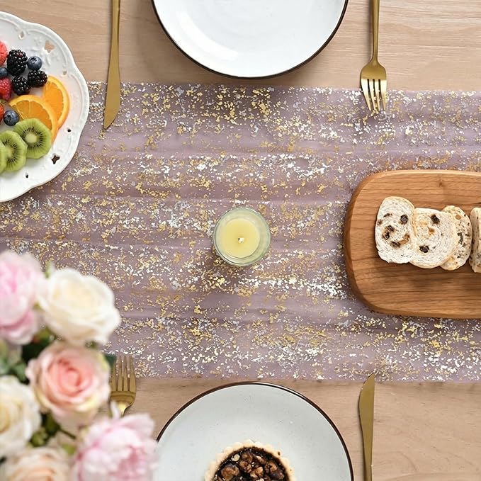 Artoid Mode 10Pcs Grayish Purple Gauze Gold Table Runner 10FT, Glitter Metallic - Image 3