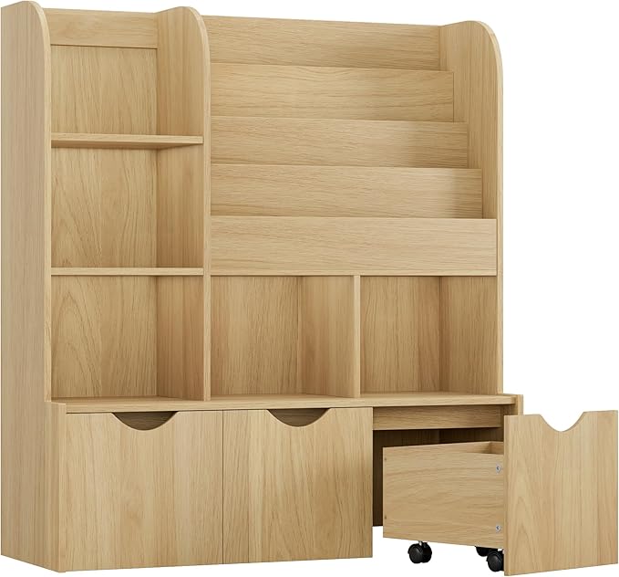 FOTOSOK 47'' Kids Bookshelf with Toy Storage, Multifunctional Bookcase with 5 Storage Cubbies and 3 Movable Drawers, Toy Storager Display Stand, Toy Organizer and Storage for Playroom,Bedroom, Natural