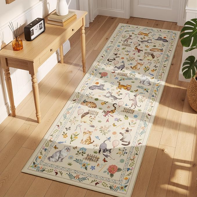 Unirea 2.6x8 Beige Cat Runner Rug, Washable Non Slip Botanical Rug - Image 7