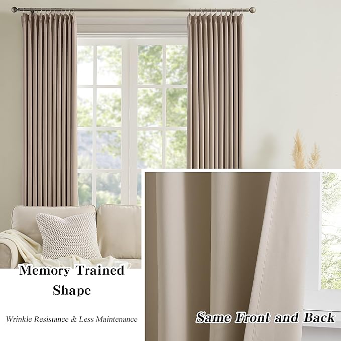 KEQIAOSUOCAI Pleated Blackout Curtain Drapes for Window 84" L - Triple Weave Energy Saving Solid Pinch Pleat Hook Thermal Room Divider Blackout Panels for Patio (72" Wide per Panel, 2 Panels, Khaki)