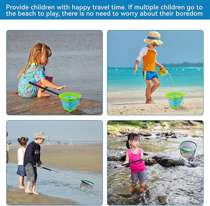 2PCS Fishing Net with Bucket, Telescopic Fishing Landing Net, Collapsible Kids Sand Bucket, Kids Fish Butterfly Catching for Freshwater Saltwater Outdoor Activities