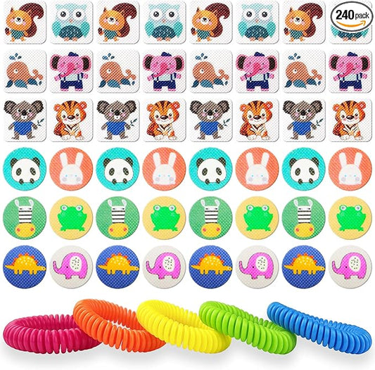 Mosquito Repellent Stickers 240 Pcs Natural Mosquito Patches for Kids and Adults with 5 Pack Individually Wrapped Mosquito Repellent Bracelets for Outdoor Camping Traveling Fishing