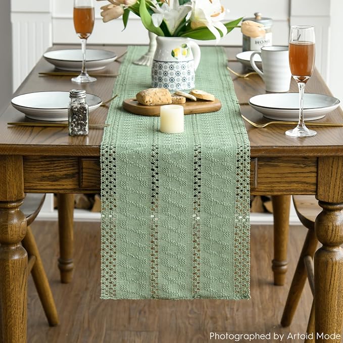 Artoid Mode Light Green Woven Farmhouse Hollow Table Runner 12x36 Inch | - Image 2