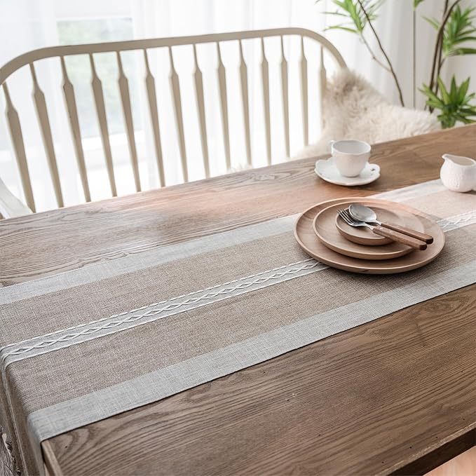 Farmhouse Table Runner, Embroidered Striped Braided Coffee Boho Table Runner - Image 7