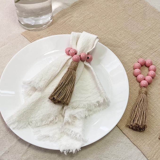 Napkin Rings Set of 12, Wooden Bead Elastic Tassel Napkin Ring | Tassel Napkin - Image 2