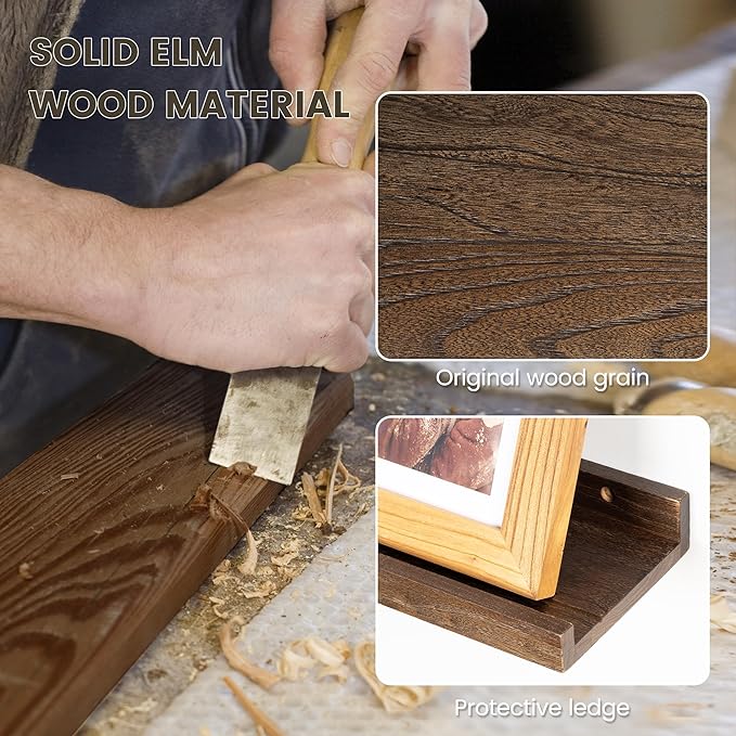 Fun Memories Picture Ledge Shelf, 36 Inch Floating Shelves for Wall, Nursery Bookshelf for Storage, Rustic Elm Wood Photo Ledge Shelves for Bedroom, Living Room, Kitchen (Walnut, 36in Set of 2)