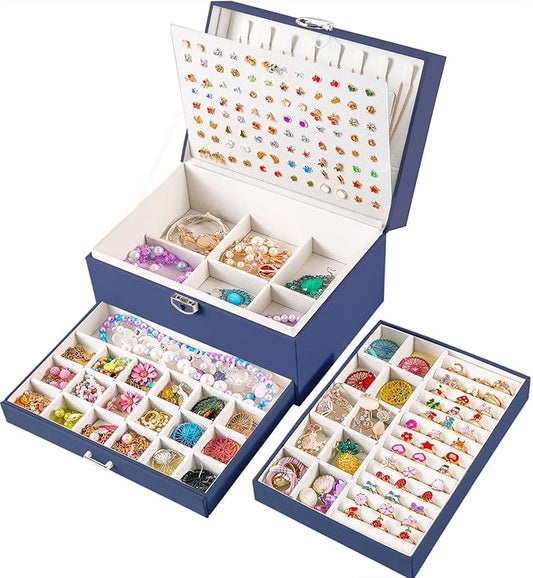 Earring Jewelry Box for Women Girls Stud Organizer, 5 Layers Navy Jewelry Organizer Box With Lock Earring Holder Organizer Ring and Necklace Jewelry Box with Earrings Holder for Women Girls