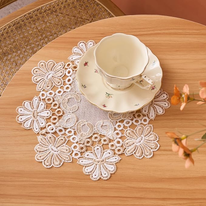 European Antique Jacquard Lace Table Doilies, Small Farmhouse Linen Embroidered - Image 5