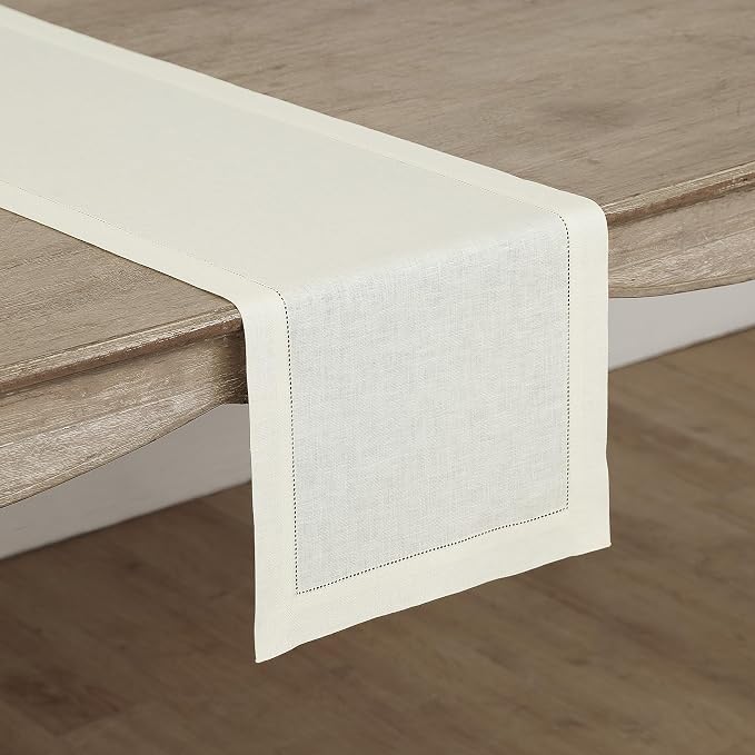 Solino Home 100% Linen Table Runner Ivory, Classic Hemstitch 14 x 108 in | - Image 2