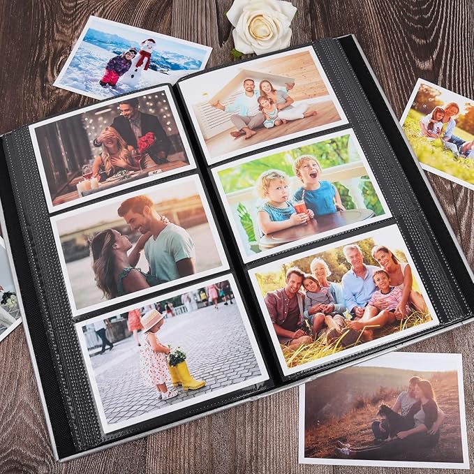 RECUTMS Photo Albums 4x6 Hold 300 Photos Black Pages PU Leather Pocket Album Small Photo Album 4x6 Picture Book for Christmas Gift Wedding Birthday Family Anniversary Baby albums (Silver)