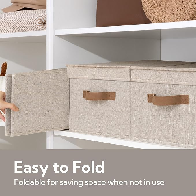 StorageWorks Large Storage Bins with Lids, Decorative Storage Boxes with Lid and PU Handles, Foldable Storage Baskets for Closet, Shelves, Stackable, Brown and Beige, 3-Pack