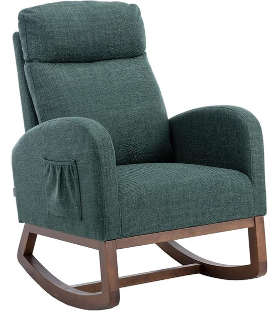 Dolonm Nursery Rocking Chair for Living Room, Upholstered Mid-Century Modern Nursery Rocking Armchair Tall Back Accent Glider Rocker, Emerald