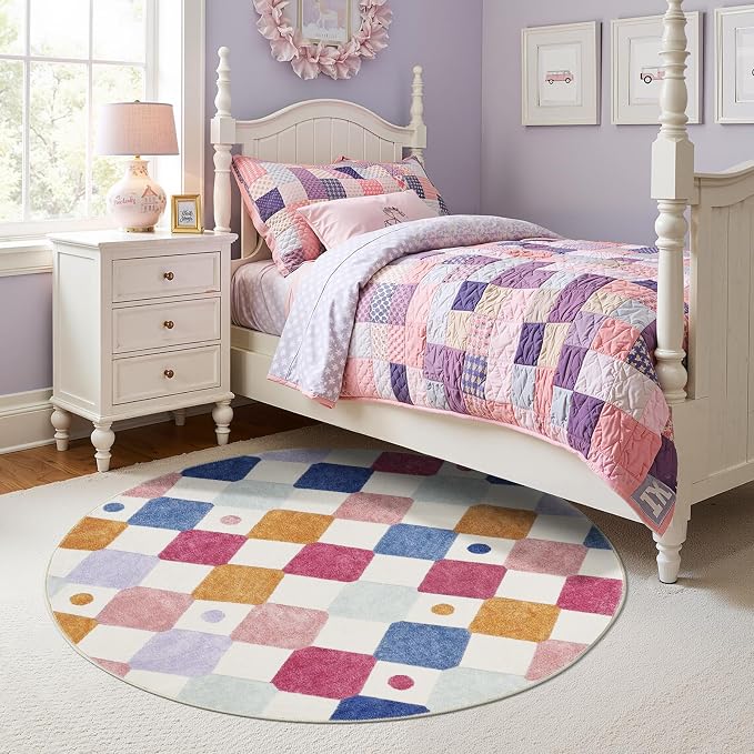 jinchan Macy 4ft Round Rug for Kids Room Modern Colorful Checkered Diamond - Image 3